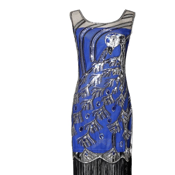 Peacock Sequin Fringed Party Flapper Dress BLUE - Picture 5 of 7